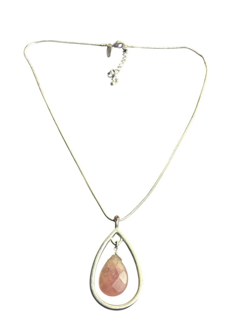 New York & Company Silvertone Serpentine Chain Necklace Teardrop Rose Quartz